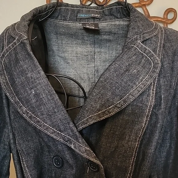 French Cuff Blue Demin Jeans Cotton Belt Pocket Trench Coat Jacket Women's Sz L - Picture 3 of 9